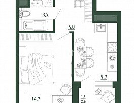 1-комнатная квартира, 33.6 м2