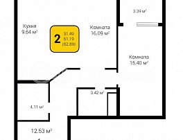 2-комнатная квартира, 62.89 м2