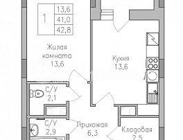 1-комнатная квартира, 43.8 м2