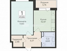 1-комнатная квартира, 43.66 м2