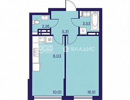 1-комнатная квартира, 43.65 м2