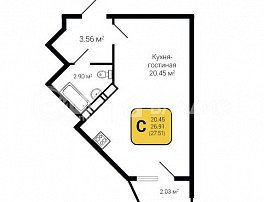 1-комнатная квартира, 27.51 м2