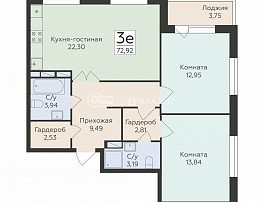 3-комнатная квартира, 72.92 м2
