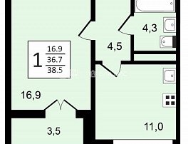1-комнатная квартира, 38.4 м2