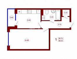 1-комнатная квартира, 38.15 м2
