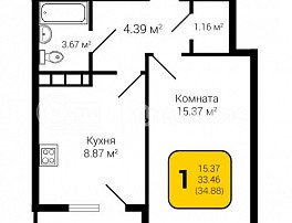 1-комнатная квартира, 34.88 м2
