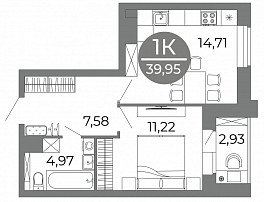 1-комнатная квартира, 39.95 м2
