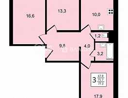 3-комнатная квартира, 77.2 м2