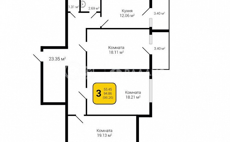 3-комнатная квартира, 98.26 м2, эт. 3, id: 756659, фото 4