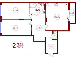 2-комнатная квартира, 90.75 м2