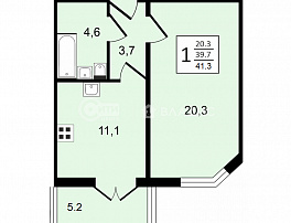 1-комнатная квартира, 41.3 м2