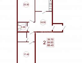 2-комнатная квартира, 88.4 м2