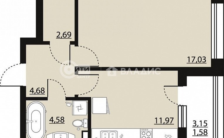 1-комнатная квартира, 42.53 м2, эт. 2, id: 1062813, фото 10