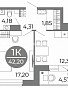 1-комнатная квартира, 42.2 м2, эт. 2, id: 800621, фото 1