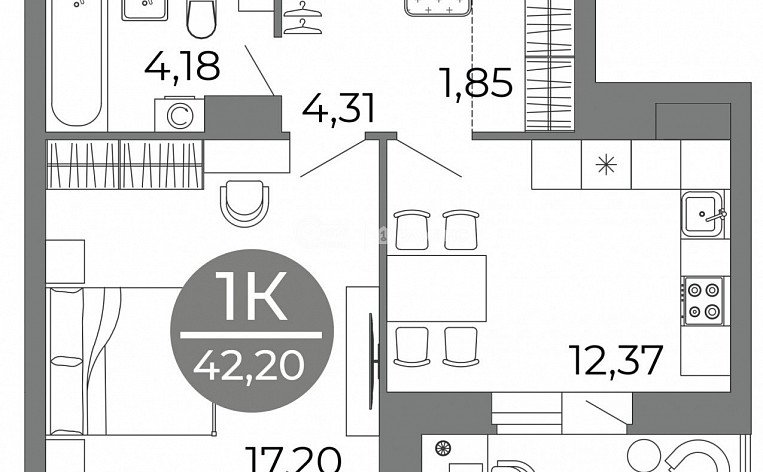 1-комнатная квартира, 42.2 м2, эт. 2, id: 800621, фото 7