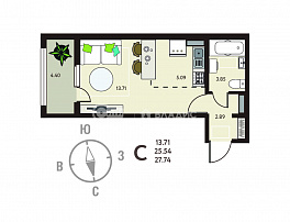 1-комнатная квартира, 27.74 м2