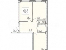 2-комнатная квартира, 56.7 м2