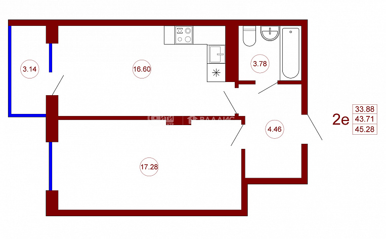 2-комнатная квартира, 45.28 м2, эт. 16, id: 945480, фото 6