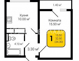 1-комнатная квартира, 34.3 м2