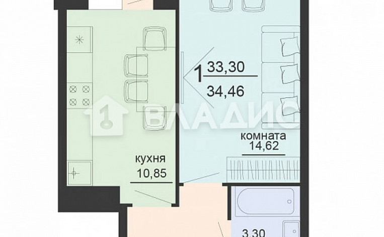 1-Комнатная квартира 34.46м², эт. 19, фото 31