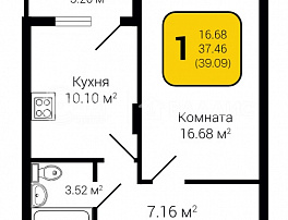 1-комнатная квартира, 39.09 м2