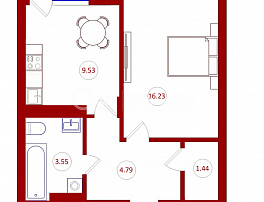 1-комнатная квартира, 36.56 м2