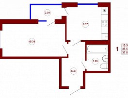 1-комнатная квартира, 37.03 м2