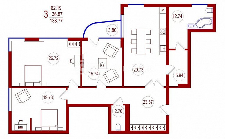 3-комнатная квартира, 140 м2, эт. 3, id: 1007536, фото 12