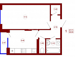 1-комнатная квартира, 38.95 м2