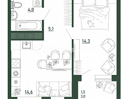 1-комнатная квартира, 39.9 м2