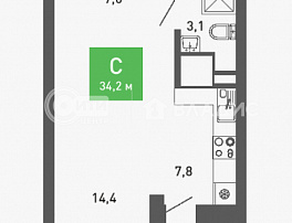 1-комнатная квартира, 34.2 м2
