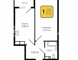 1-комнатная квартира, 34.46 м2