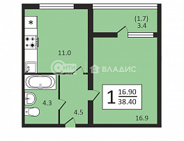 1-комнатная квартира, 38.4 м2