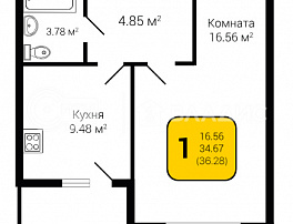 1-комнатная квартира, 36.28 м2