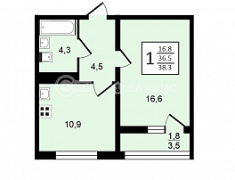 1-комнатная квартира, 38.4 м2