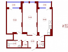 2-комнатная квартира, 72.53 м2