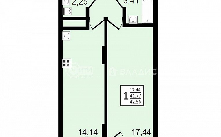 1-комнатная квартира, 42.56 м2, эт. 3, id: 758549, фото 20