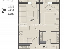 1-комнатная квартира, 43.95 м2