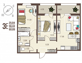 2-комнатная квартира, 60.89 м2