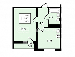 1-комнатная квартира, 38.4 м2