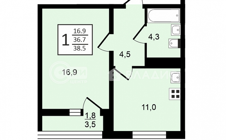 1-комнатная квартира, 38.4 м2, эт. 17, id: 969746, фото 10