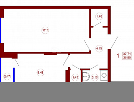 1-комнатная квартира, 38.95 м2