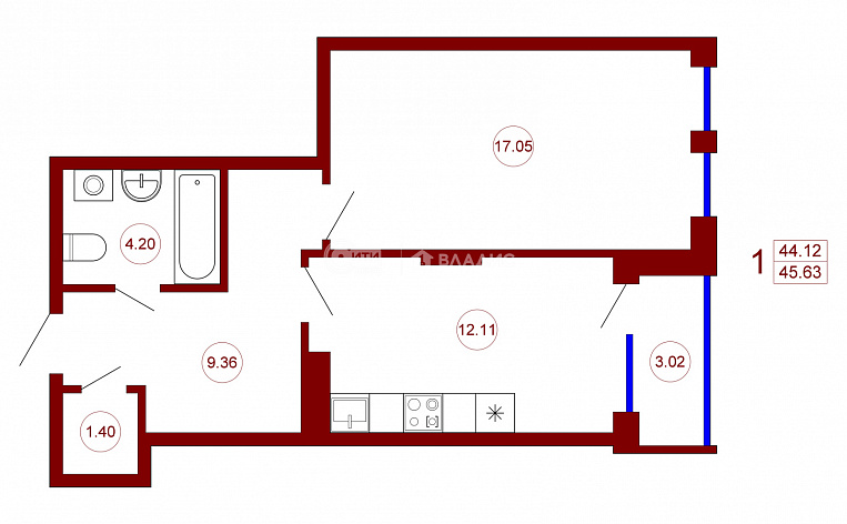 1-комнатная квартира, 45.63 м2, эт. 10, id: 722327, фото 11