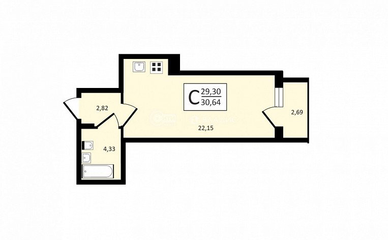 1-комнатная квартира, 30.64 м2, эт. 13, id: 753320, фото 7