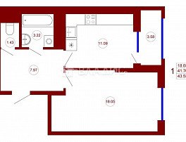 1-комнатная квартира, 43.55 м2