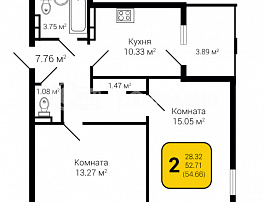 2-комнатная квартира, 54.66 м2