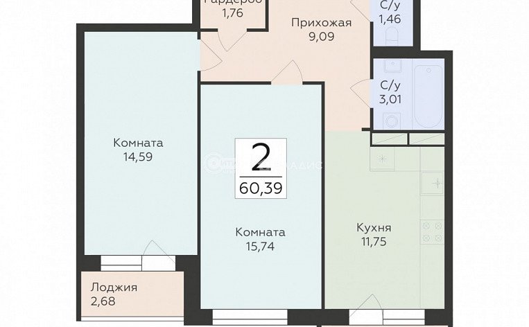 2-комнатная квартира, 60.39 м2, эт. 4, id: 1071250, фото 9