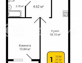 1-комнатная квартира, 38.72 м2