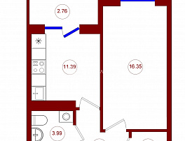 1-комнатная квартира, 38.41 м2