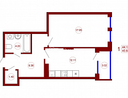 1-комнатная квартира, 45.63 м2